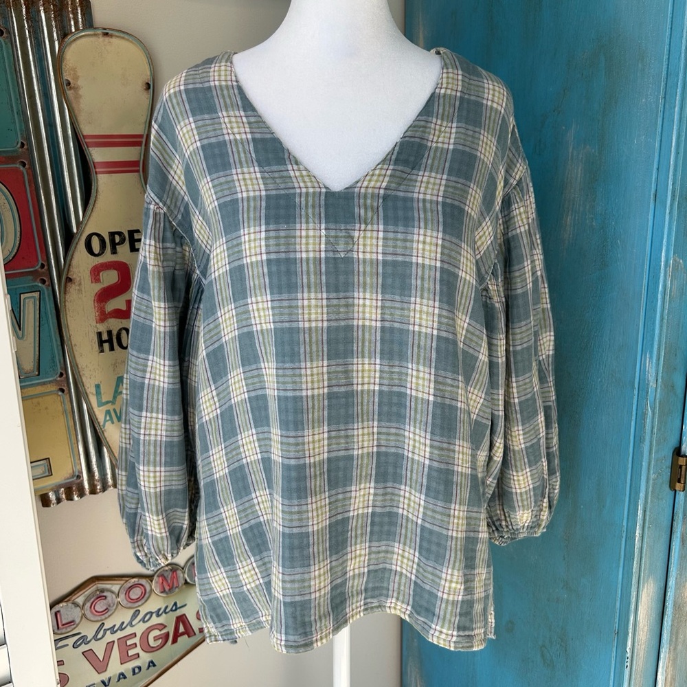 C’isa Plaid Balloon Sleeve Cotton Gauze Blouse Boho Farmhouse Prairie Lightweigh